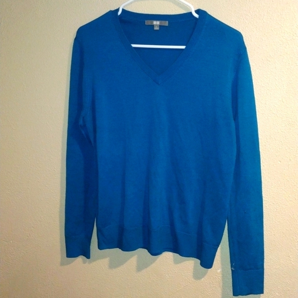 Uniqlo 100% Pure New Wool V Neck Pullover Blue Sweater L